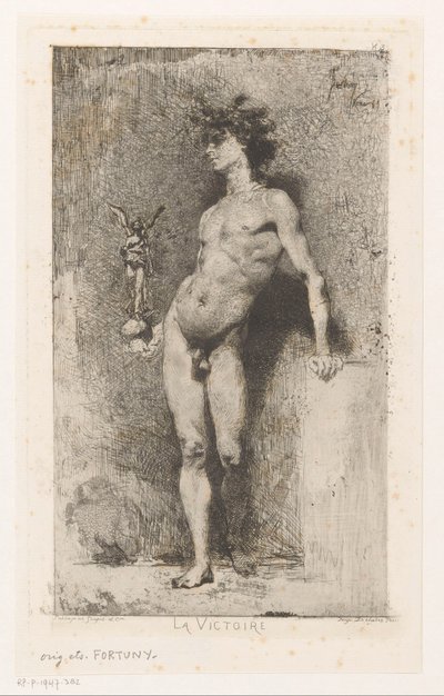 Nagi mężczyzna z Nike La Victoire (tytuł na obiekcie) autorstwa Mariano José María Bernardo Fortuny y Carbó