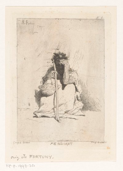 Siedzący żebrak z kijem Mendiant (tytuł na obiekcie) autorstwa Mariano José María Bernardo Fortuny y Carbó