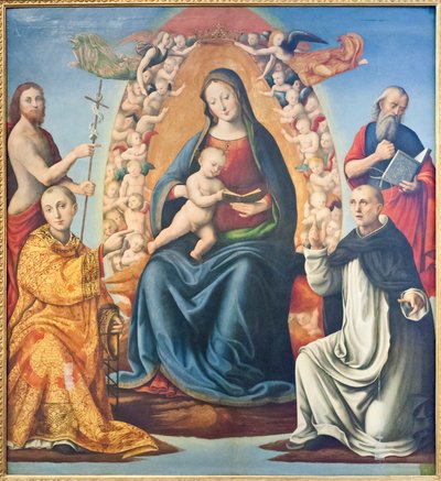 Madonna z Dzieciątkiem i Świętymi (olej na desce) autorstwa Mariano di (c.1470 c.1530) Ser Austerio