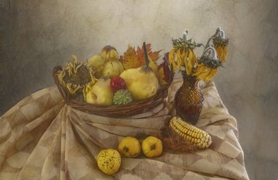 Martwa natura przedstawiająca jesienne zbiory autorstwa Marie-anne Stas