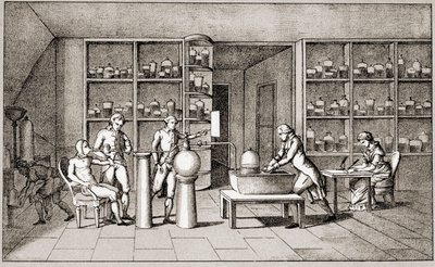 Antoine Laurent de Lavoisier (1743-1794), francuski chemik przeprowadzający eksperyment dotyczący oddychania człowieka w spoczynku. Rysunek pani Lavoisier.Paryż XVIII wiek.Kolekcja Leemage autorstwa Marie Anne Pierrette Lavoisier