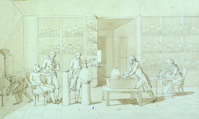Antoine Lavoisier (1743-94) i jego eksperymenty z oddychaniem (pióro, atrament i sepia na papierze) autorstwa Marie Anne Pierrette Lavoisier