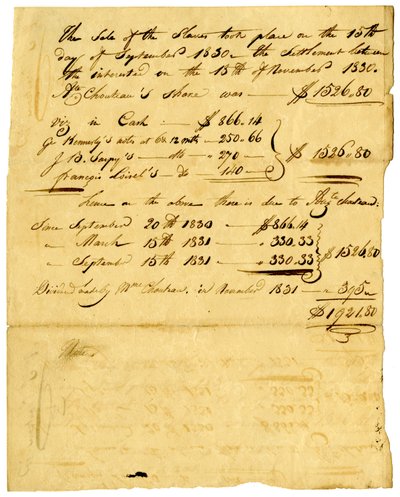 Dokument dotyczący sprzedaży niewolników i akcji przychodzący do różnych osób, listopad 1831 autorstwa Marie Therese Cerre Chouteau