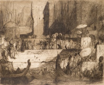 Ceremonia pogrzebowa nad Gangesem (akwaforta) autorstwa Marius Alexander Jacques Bauer