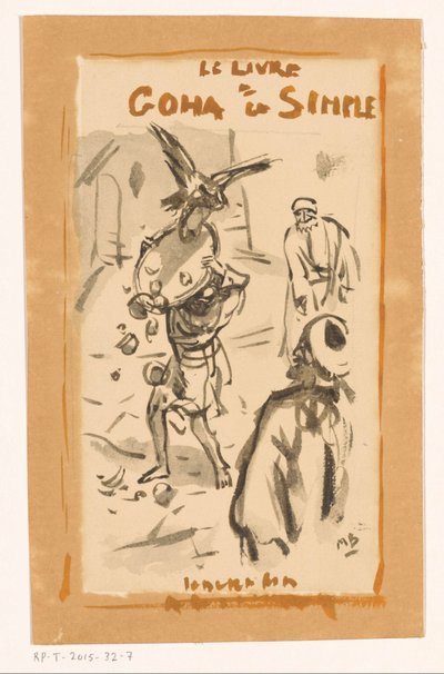Mężczyzna z tacą zaatakowany przez drapieżnego ptaka Le livre Goha le Simple (tytuł na obiekcie) autorstwa Marius Bauer (signed by artist)