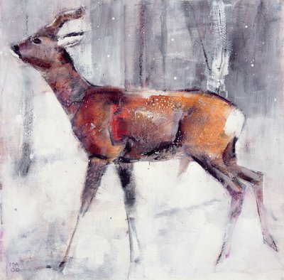 Buck w śniegu, 2000 (media mieszane na papierze) autorstwa Mark Adlington