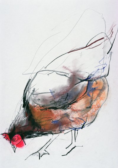 Karmienie kury, Trasierra, 1998 (grafit, conte i węgiel na papierze) autorstwa Mark Adlington