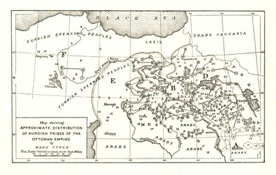 „Mapa przedstawiająca przybliżone rozmieszczenie plemion kurdyjskich w Imperium Osmańskim”, c1915. autorstwa Mark Sykes