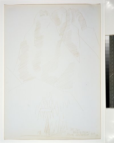 Krajobraz górski z budynkami i drzewami na pierwszym planie autorstwa Marsden Hartley