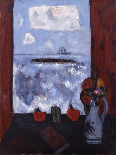 Lato, morze, okno, czerwona kurtyna, 1942 (olej na masonicie) autorstwa Marsden Hartley