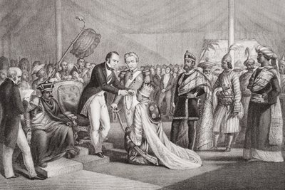 Wielki Durbar w Cawnpore po stłumieniu rewolty Sepoyów, 1858, z `Illustrations of English and Scottish History