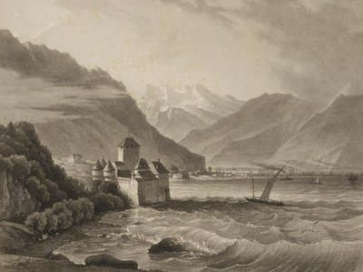 Chateau de Chillon; widok z Vevey autorstwa Martens
