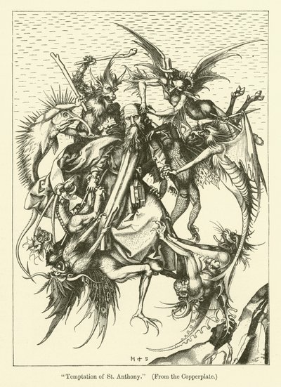 Kuszenie św. Antoniego (rycina) autorstwa Martin (after) Schongauer