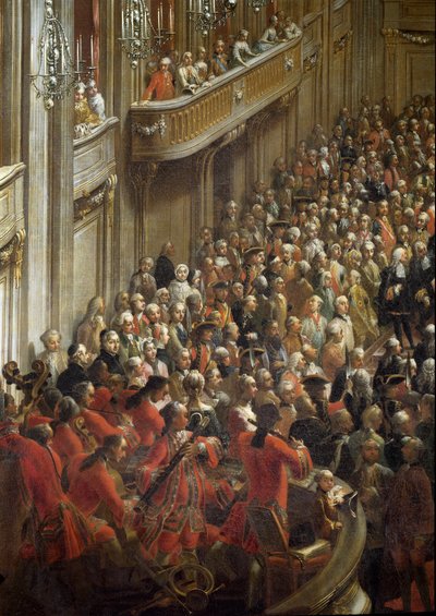 Dziecko Mozarta w pobliżu muzyków. fragment oficjalnego bankietu z okazji ślubu księżniczki Izabeli Parmeńskiej z cesarzem Józefem II (malarstwo autorstwa Martin (and studio) Mytens or Meytens