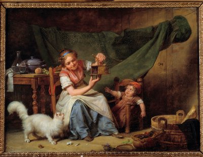 Kobieta i mysz Dziewczynka trzyma łapacza myszy przed kotem i dzieckiem. Obraz Martina Drollinga (1752-1817) 1798 Nd. 0,25x0,35 m Orlean. Muzeum Sztuk Pięknych autorstwa Martin Drölling