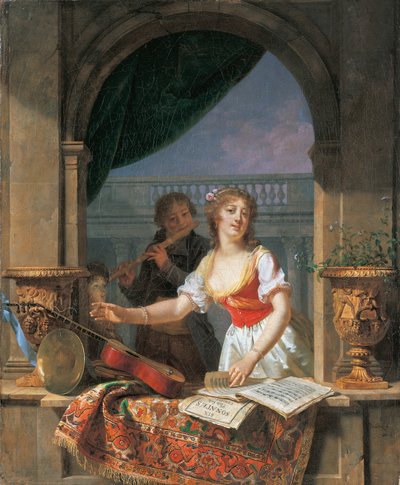 Młoda dama sięgająca po gitarę w kamiennym skrzydle, a za nim chłopiec grający na flecie, 1796-97 autorstwa Martin Drölling
