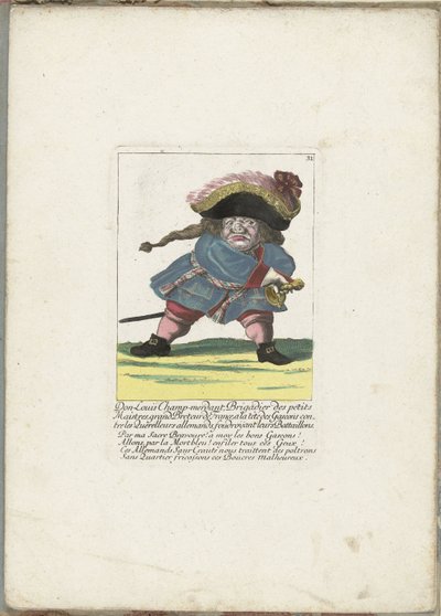 De Franse dwerg Don Luis Champ-merdant, ca. 1710 Don Luis Champ-merdant, brygadier małych mistrzów, wielki breteur Francji, na czele Gaskonów przeciwko niemieckim kłótnikom, rozbijając ich bataliony (tytuł na obiekcie) Il Callotto wskrzeszony autorstwa Martin Engelbrecht (attributed to)
