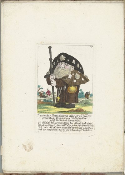 De dwerg Bartholdus Gursalkawiz as pelgrim uit Compostella, ok. 1710 Bartholdus Gursalkawiz, urodzony w Groß Pohlen, niegodny leśny brat z Galicji (tytuł na obiekcie) Il Callotto resurcitato lub nowo umeblowana mała szafka (seria autorstwa Martin Engelbrecht (attributed to)