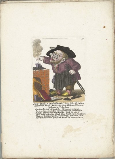 De werg Blasius Rauchmantl als alchemist, ca. 1710 Herr Blasius Rauchmantl, der frucht-loßen Alchimie kunst Arcysektarianin, Posiadacz Piątej Esencji Głupców (tytuł na obiekcie) Il Callotto resurcitato oder Neu eingrichtes Zwerchen Gabinet (seria ti autorstwa Martin Engelbrecht (attributed to)