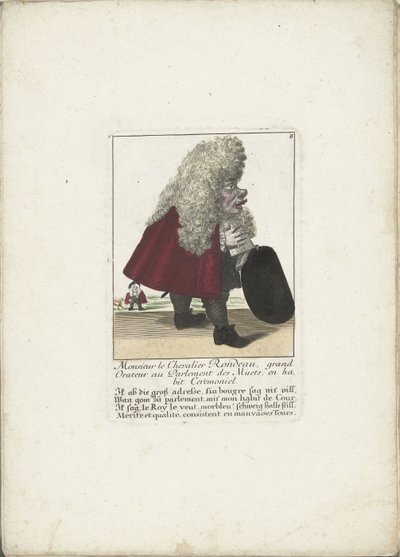 Od dwerg Chevalier Rondeau als een Parliamentslid, ca. 1710 Monsieur le Chevalier Rondeau, wielki mówca w Parlamencie Niemych, w stroju ceremonialnym (tytuł na obiekcie) Il Callotto resurcitato oder Neu eingerichtes Zwerchen Gabinet (tytuł serii) autorstwa Martin Engelbrecht (attributed to)