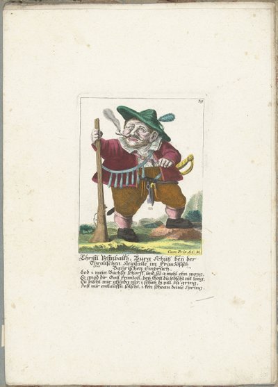 De dwerg Christl Vestnbalkh, ok. 1710 Christl Vestnbalkh, Bürg Schütz w pobliżu tyrolskiej pułapki na kamienie we francuskim włamaniu Bayrian (tytuł na obiekcie) Il Callotto resurcitato lub nowo umeblowana mała szafka (tytuł serii) autorstwa Martin Engelbrecht (attributed to)