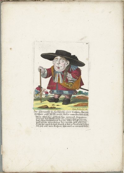 De dwerg Crispin Skarnitz, ok. 1710 Herr Crispin Ehrnveste i Hochweiße, dziedziczny lord Skarnitz auff Pfeffermühl, rycerz Braitten huth (tytuł na obiekcie) Il Callotto resurcitato lub nowo umeblowana mała szafka (tytuł serii) autorstwa Martin Engelbrecht (attributed to)