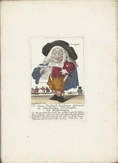 De dwerg Lucas Hirnzwik as een advocaat, ok. 1710 dr Lucas Hirnzwik, słynny adwokat w Szwabii Schnekenfeld, o kurkach (tytuł na obiekcie) Il Callotto resurcitato lub nowo umeblowana mała szafka (tytuł serii) autorstwa Martin Engelbrecht (attributed to)