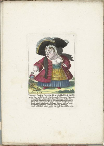 De dwerg Madame Sophia Luxuria, ok. 1710 Madame Sophia Luxuria, praczka ciała generała Staaba z przyciętej, bezpłatnej Granatir-Companie Capitana (tytuł na obiekcie) Il Callotto resurcitato lub nowo umeblowana mała szafka (tytuł serii) autorstwa Martin Engelbrecht (attributed to)