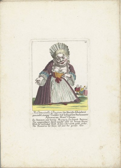 De dwerg Mademoiselle Poupon, jako Parijse Schone, ok. 1710 Mademoiselle Poupone, paryska piękność, jakaś córka znanego adwokata Parlamentu Monsr. Chican (tytuł na obiekcie) Il Callotto resurcitato lub nowo umeblowana chata Zwerchen autorstwa Martin Engelbrecht (attributed to)