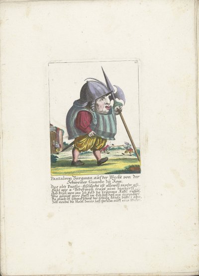 Dwerg Pantaleon Bürgman van de Zwitserse Garde te Rome, ok. 1710 Pantaleon Bürgman, na warcie z Gwardii Szwajcarskiej w Rzymie (tytuł na obiekcie) Il Callotto resurcitato lub nowo umeblowana mała szafka (tytuł serii) autorstwa Martin Engelbrecht (attributed to)