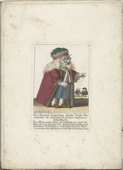 Dwerg Vincentz Zipperling w een bontjas, ok. 1710 Herr Vincentz Zipperling, najstarszy krewny Ratha w Hirschau, w wygodnym luźnym płaszczu (tytuł na obiekcie) Il Callotto resurcitato lub nowo umeblowana mała szafka (tytuł serii) autorstwa Martin Engelbrecht (attributed to)