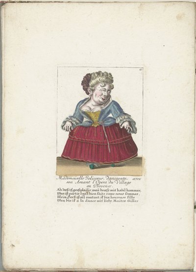 Dwerg als de Franse Mademoiselle Jolicoeur, ca. 1710 Mademoiselle Jolicoeur, tancerka ze swoim Kochankiem w Opera du Village w Prowansji (tytuł na obiekcie) Il Callotto resurcitato oder Neu eingerichtes Zwerchen Gabinet (tytuł serii) autorstwa Martin Engelbrecht (attributed to)