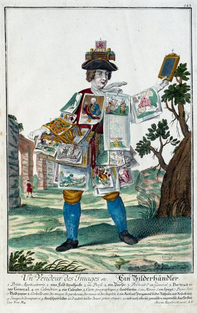 Metier: sprzedawca zdjęć. Grawer autorstwa Martina Engelbrechta (1684-1756), w „Nowym zespole habilles manewrów” XVIII w., Niemcy. Paryż, Sztuka Dekoracyjna autorstwa Martin Engelbrecht