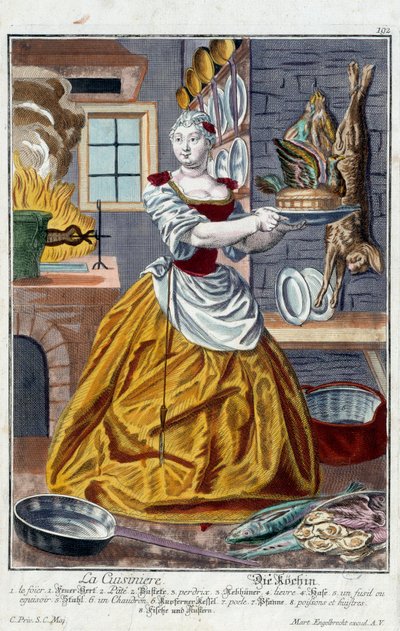 Kucharz. Grawer autorstwa Martina Engelbrechta (1684-1756), w „Nowym zespole habilles manewrów” XVIII w., Niemcy. Paryż, Sztuka Dekoracyjna autorstwa Martin Engelbrecht