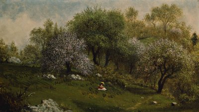 Dziewczyna na wzgórzu, kwiaty jabłoni autorstwa Martin Johnson Heade
