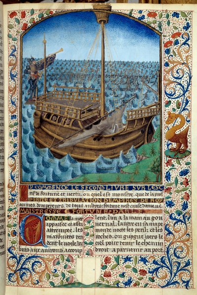 Przedstawienie statku na morzu - Miniatura z „Ducha fortuny i cnoty” Martina Le Franca (1410-1461) 1447-1448 - Paris B.N. - Statek na morzu - Miniatura z rękopisu „Duch fortuny i cnoty” autorstwa Martina Le Franca (1410-1461) autorstwa Martin Le Franc