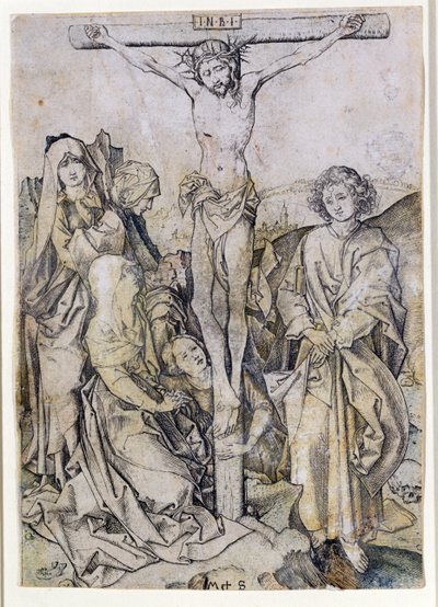 Chrystus na krzyżu z Dziewicą i św. Janem (rycina) autorstwa Martin Schongauer