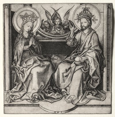 Bóg Ojciec i Błogosławiona Dziewica na tronie z aniołami, c. 1480-90. autorstwa Martin Schongauer