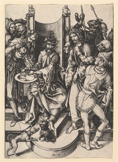 Piłat myjący ręce, ok. godz. 1435-1491. autorstwa Martin Schongauer