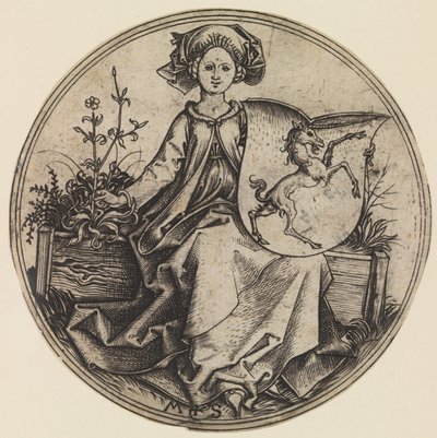 Siedząca dama trzymająca tarczę z jednorożcem, ca. 1435-1491., ca. 1435-1491. autorstwa Martin Schongauer