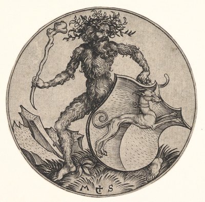 Tarcza z chartem trzymanym przez Wild Mana, ca. 1435-1491. autorstwa Martin Schongauer