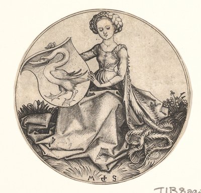 Tarcza z łabędziem trzymana przez kobietę, ca. 1435-1491. autorstwa Martin Schongauer