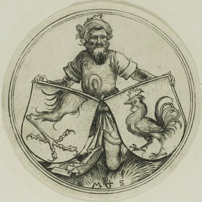 Tarcza z łapą gryfa i tarcza z kogutem trzymanym przez maura autorstwa Martin Schongauer