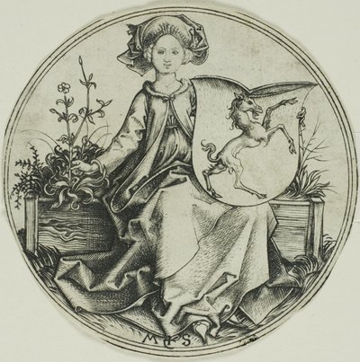 Tarcza z jednorożcem, trzymana przez damę autorstwa Martin Schongauer