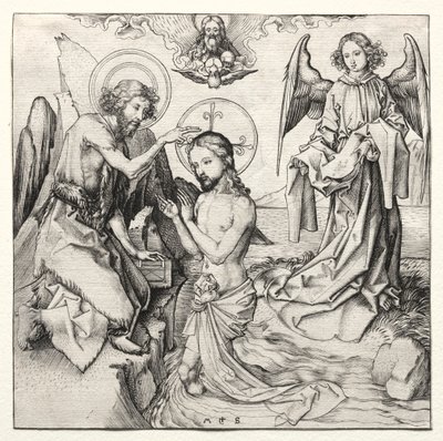 Chrzest Chrystusa w Jordanie, c. 1480-90. autorstwa Martin Schongauer