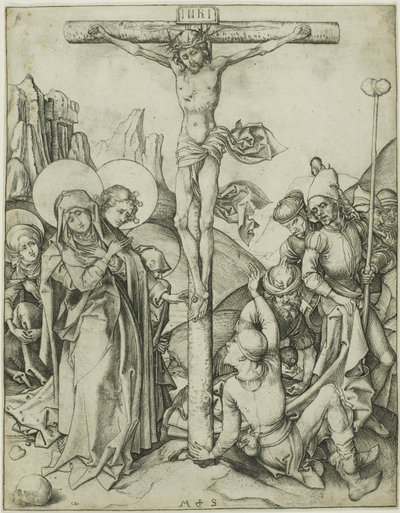 Ukrzyżowanie ze świętymi niewiastami, świętym Janem i rzymskimi żołnierzami autorstwa Martin Schongauer