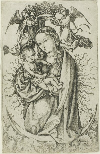 Madonna na półksiężycu w koronie dwóch aniołów autorstwa Martin Schongauer