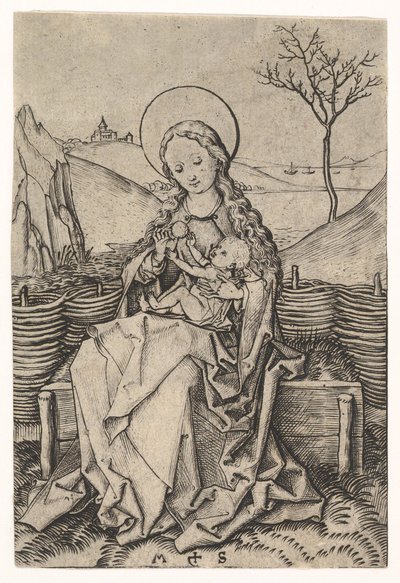 Dziewica z Dzieciątkiem na ławce trawiastej, ca. 1435-1491. autorstwa Martin Schongauer