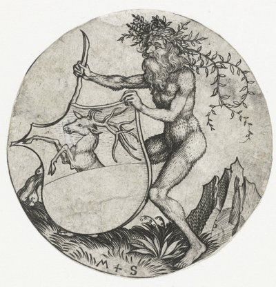 Herb z jeleniem, trzymany przez dzikiego człowieka z maczugą Figurki z herbami (tytuł serii) autorstwa Martin Schongauer