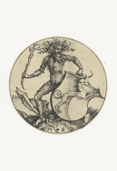 Herb z psem, trzymany przez dzikiego człowieka z maczugą Figurki z herbami (tytuł serii) autorstwa Martin Schongauer